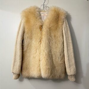 VINTAGE THICK SHEEPSKIN JACKET 100% WOOL KNIT SLEEVES, WOOD TOGGLE CLOSURES